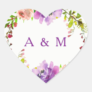 Romantic Purple Floral Wedding Initials Heart Sticker