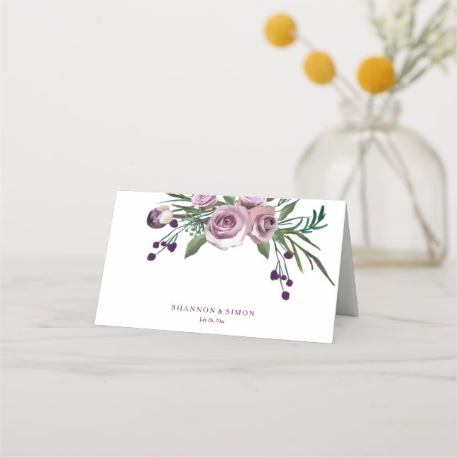 Romantic Purple Floral Wedding Table Name Place Card (Front)