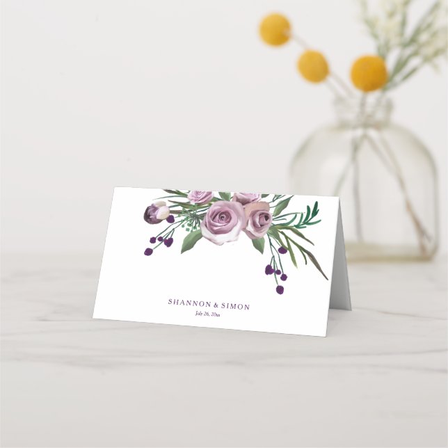 Romantic Purple Floral Wedding Table Name Place Place Card (Front)