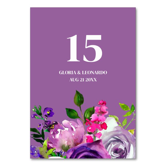 Romantic Purple Floral Wedding  Table Number (Front)