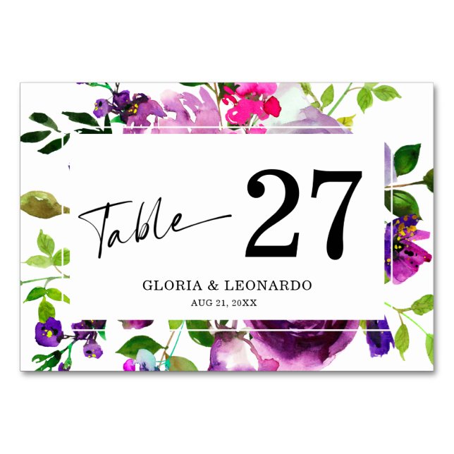 Romantic Purple Floral Wedding  Table Number (Front)