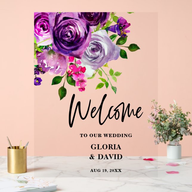 Romantic Purple Floral Wedding Welcome  Acrylic Sign (Wedding)