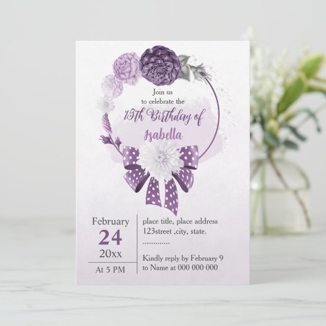 Romantic purple flowers botanical birthday invitation (Standing Front)
