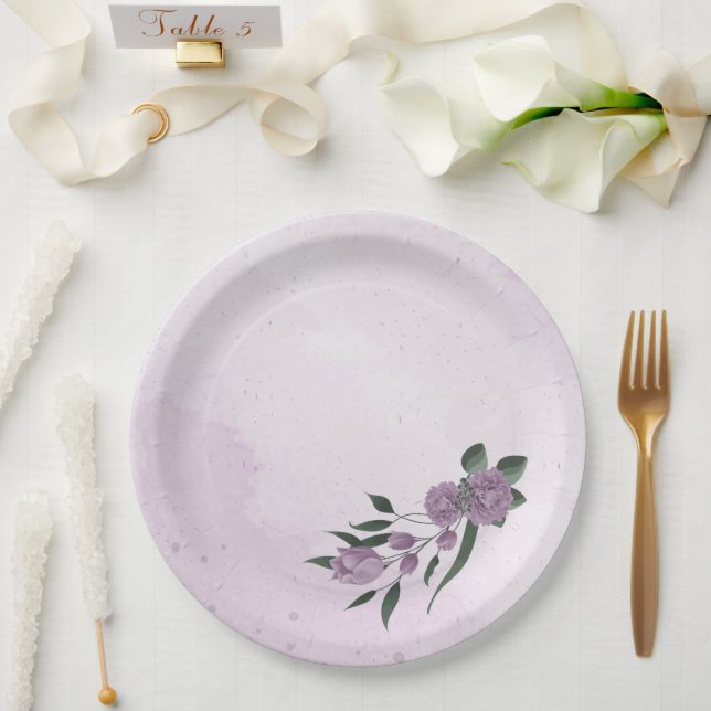 romantic purple flowers botanical  paper plate (Wedding)