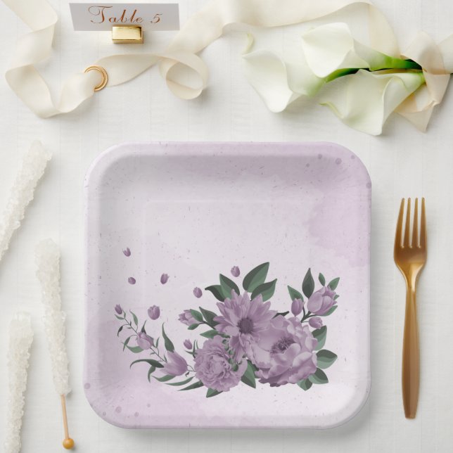 romantic purple flowers botanical  paper plate (Wedding)