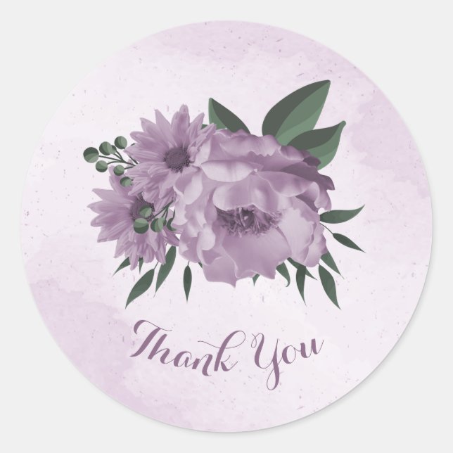 romantic purple flowers botanical wedding classic round sticker (Front)