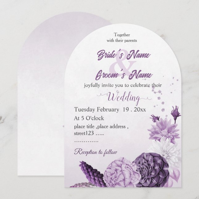 romantic purple flowers botanical wedding invitation (Front/Back)