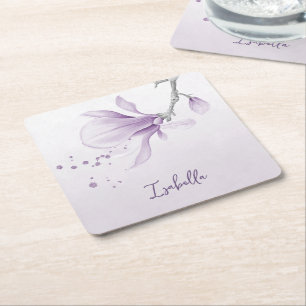 romantic purple flowers botanical wedding square paper coaster