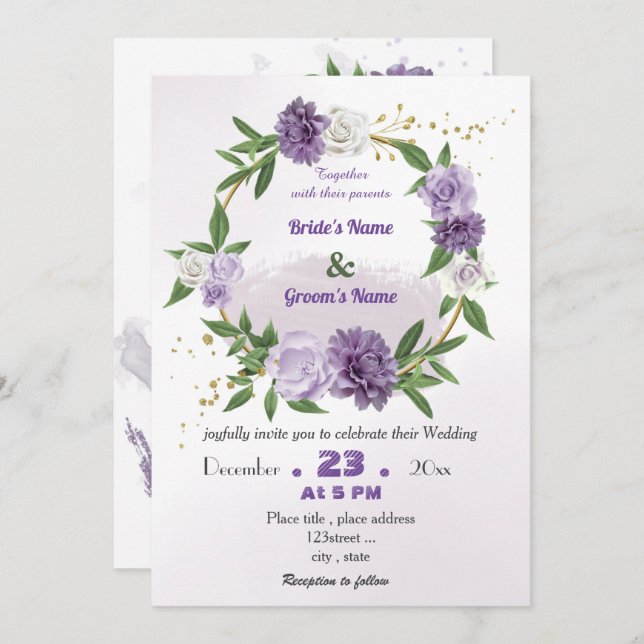 romantic purple flowers botanical wreath wedding invitation (Front/Back)