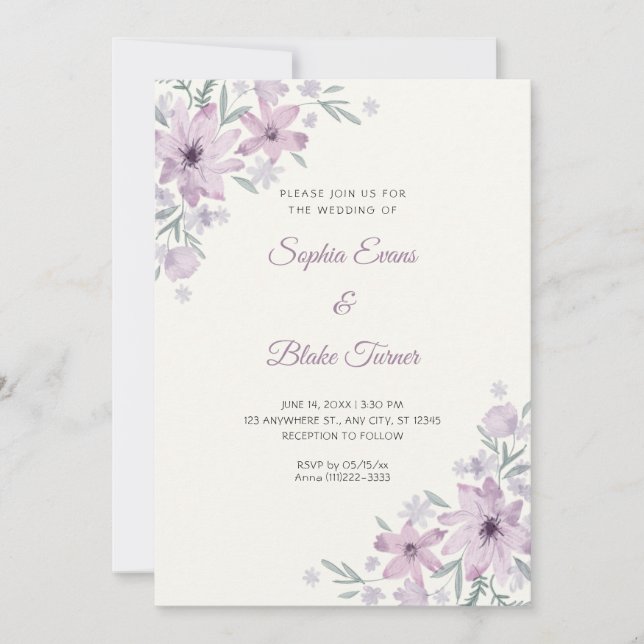 Romantic Purple Flowers Floral White Cream Wedding Invitation (Front)