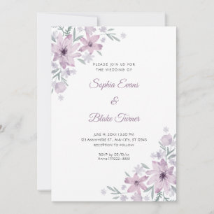 Romantic Purple Flowers Floral White Wedding Invitation