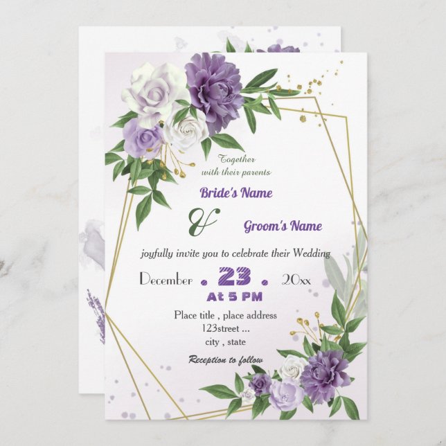 romantic purple flowers geometric wedding invitation (Front/Back)