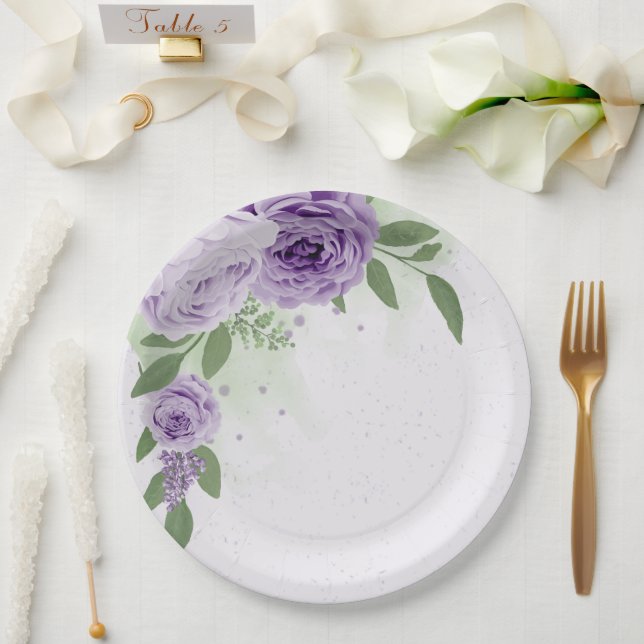 romantic purple flowers green leaves botanical paper plate (Wedding)