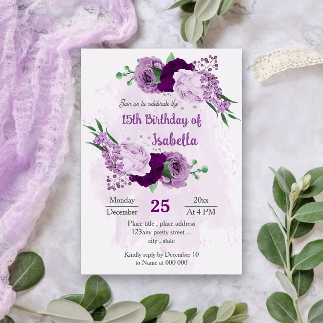 Romantic purple flowers greenery birthday invitation (Creator Uploaded)