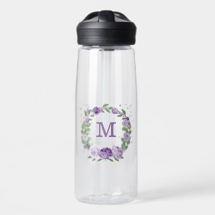 romantic purple flowers greenery water bottle