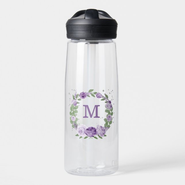 romantic purple flowers greenery water bottle (Front)