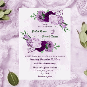 Romantic purple flowers greenery wedding invitation