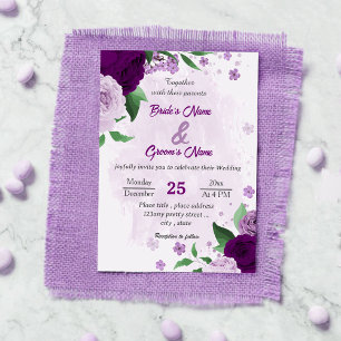 Romantic purple flowers greenery wedding invitation
