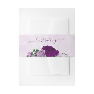 Romantic purple flowers greenery wedding invitation belly band
