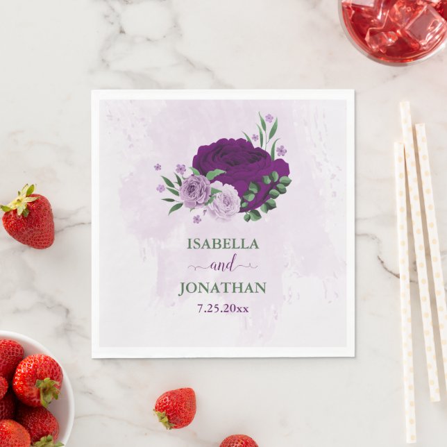 Romantic purple flowers greenery wedding napkin (Insitu)