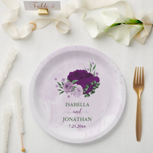 Romantic purple flowers greenery wedding paper plate (Wedding)