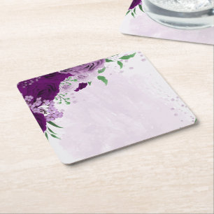 Romantic purple flowers greenery wedding square paper coaster