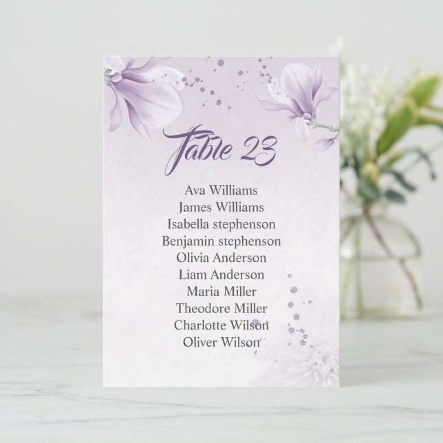 romantic purple flowers seating chart card (Standing Front)