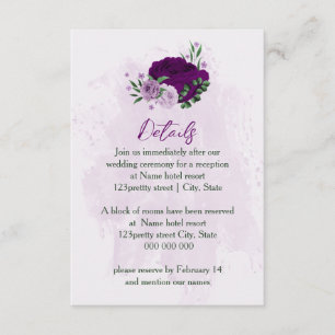 Romantic purple flowers wedding details enclosure card
