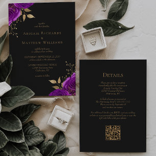 Romantic Purple Gold Floral Dark QR Code Wedding Invitation