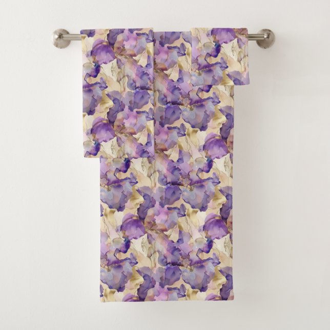 Romantic Purple Gold Iris Floral Bridal Shower Bath Towel Set (Insitu)