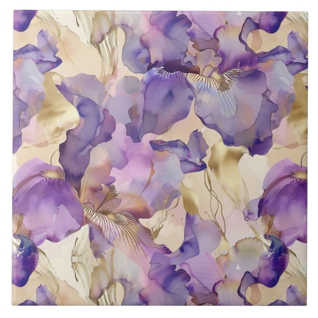 Romantic Purple Gold Iris Floral Bridal Shower Tile (Front)