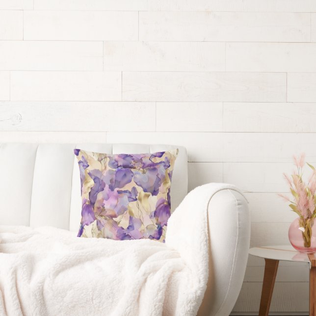 Romantic Purple Gold Iris Floral  Cushion (Couch)