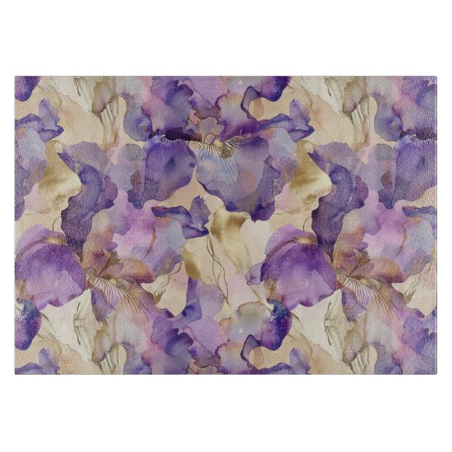 Romantic Purple Gold Iris Floral Wedding Cutting Board (Front)