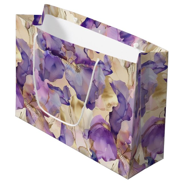 Romantic Purple Gold Iris Floral Wedding Large Gift Bag (Front Angled)