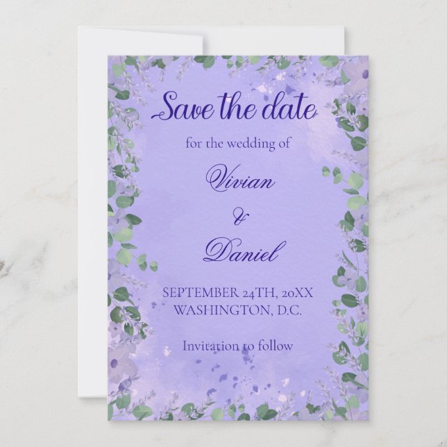 Romantic Purple Greenery Save the Date Wedding (Front)