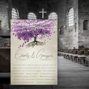 Romantic Purple Heart Leaf Tree Wedding Invitation