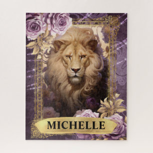 Romantic Purple Lion and Roses Fantasy Jigsaw Puzzle