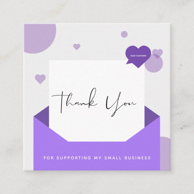 Romantic Purple Love Letter Thank You Message Soft Square Business Card (Front)