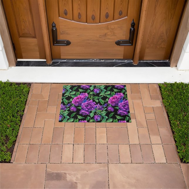 Romantic purple magenta pink watercolor peonies  doormat (Outdoor)