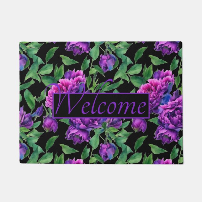 Romantic purple magenta pink watercolor peonies  doormat (Front)