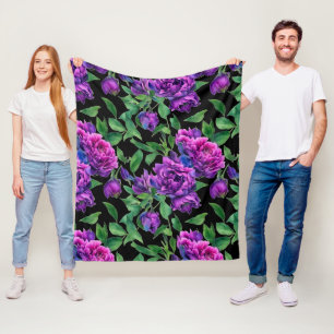 Romantic purple magenta pink watercolor peonies  fleece blanket