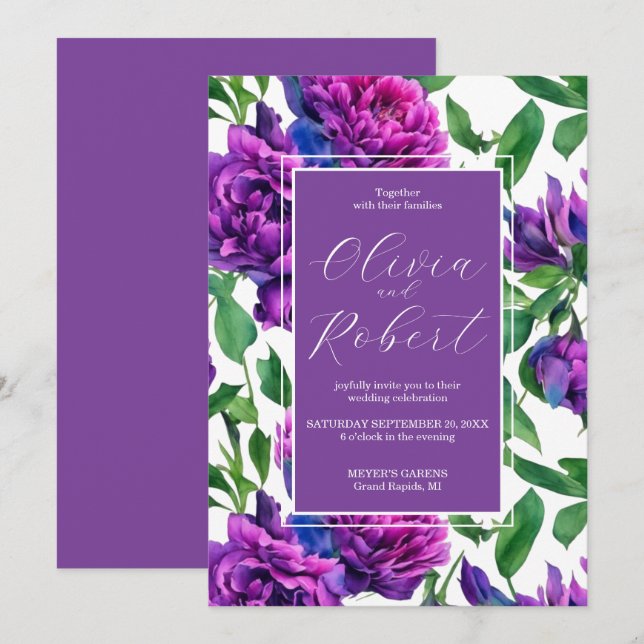 Romantic purple magenta pink watercolor peonies  invitation (Front/Back)
