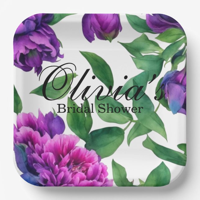 Romantic purple magenta pink watercolor peonies  paper plate (Front)