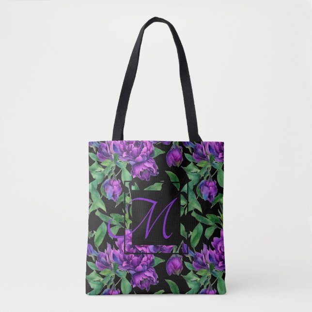 Romantic purple magenta pink watercolor peonies  tote bag (Front)