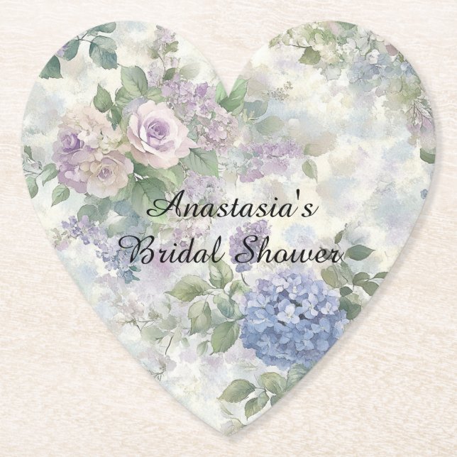 Romantic Purple Pink Flowers Bridal Shower Paper Coaster (Front)