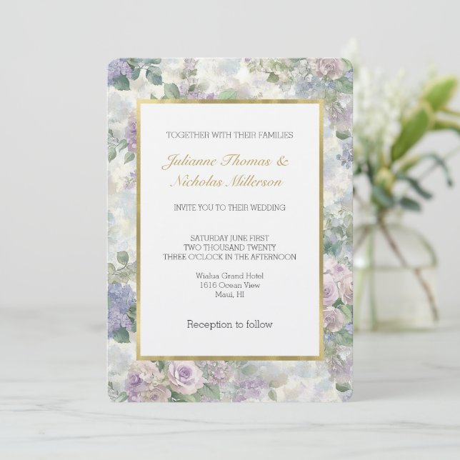 Romantic Purple Pink Flowers Wedding Invitation (Standing Front)