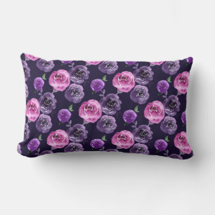 Romantic Purple & Pink Watercolor Roses Floral Lumbar Cushion