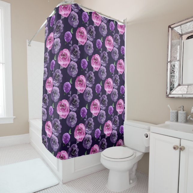 Romantic Purple & Pink Watercolor Roses Floral Shower Curtain (In Situ)