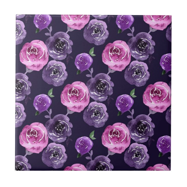 Romantic Purple & Pink Watercolor Roses Floral Tile (Front)