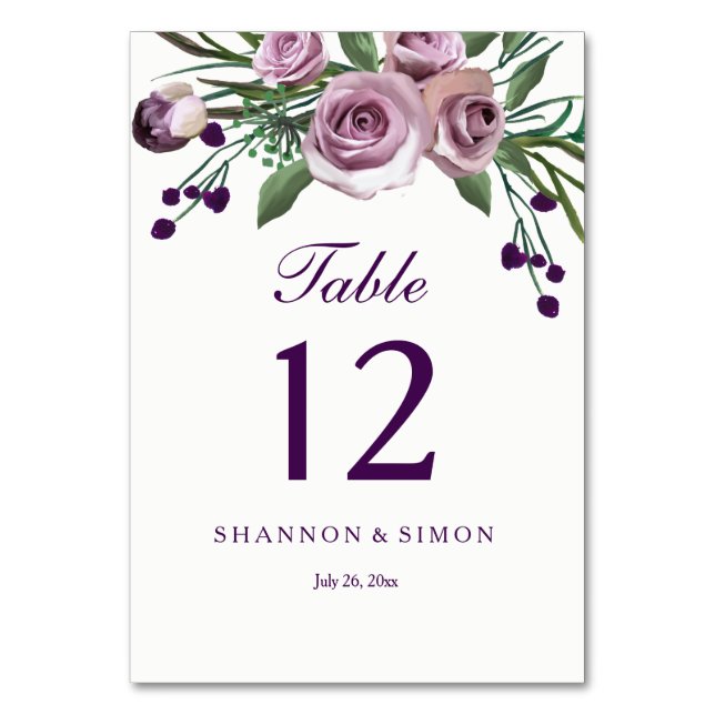 Romantic Purple Plum Floral Wedding Table Numbers (Front)